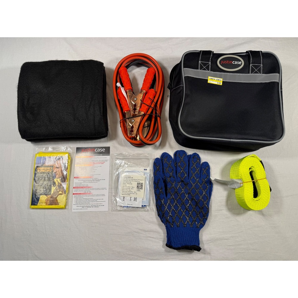 Justin Case Roadside Assistance Kit  Black Open‎ Box Jumper Cables Tow Strap
